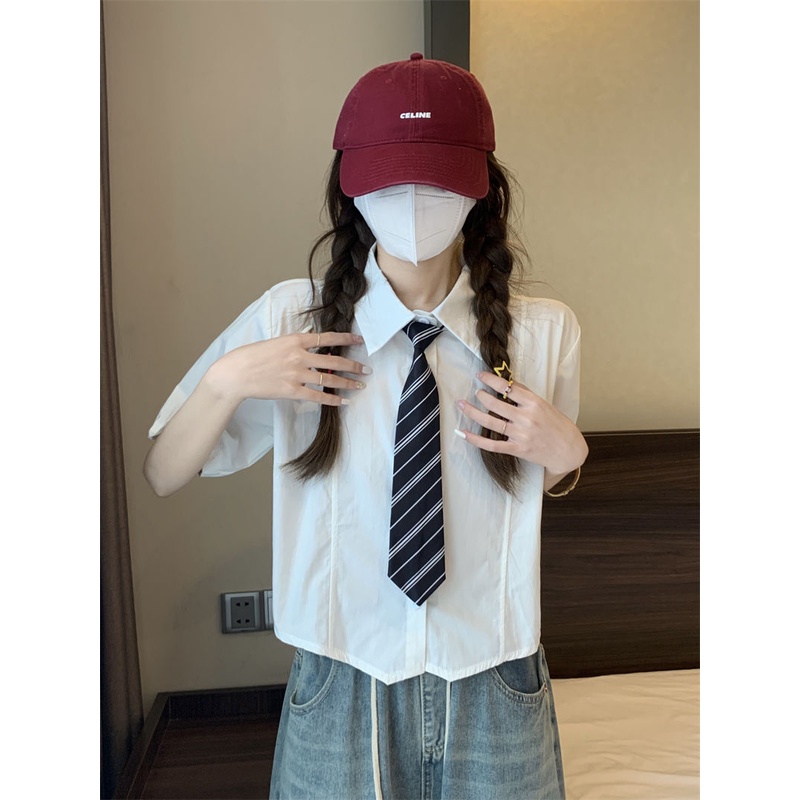 Jiashucheng Áo Sơ Mi Ngắn Tay Dáng Rộng Phong Cách Preppy Mỹ Cho Nữ