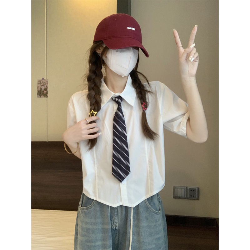 Jiashucheng Áo Sơ Mi Ngắn Tay Dáng Rộng Phong Cách Preppy Mỹ Cho Nữ