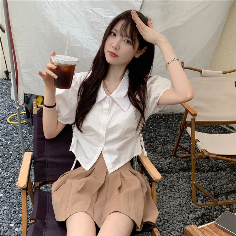 Jiashucheng Áo Sơ Mi Tay Phồng Ngắn Phối Dây Rút Thời Trang Mùa Hè Cho Nữ