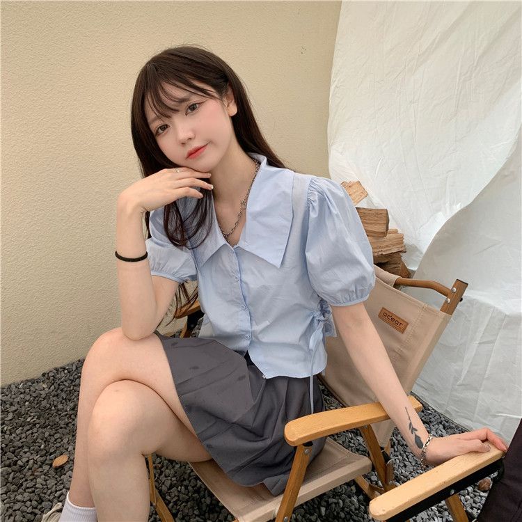 Jiashucheng Áo Sơ Mi Tay Phồng Ngắn Phối Dây Rút Thời Trang Mùa Hè Cho Nữ