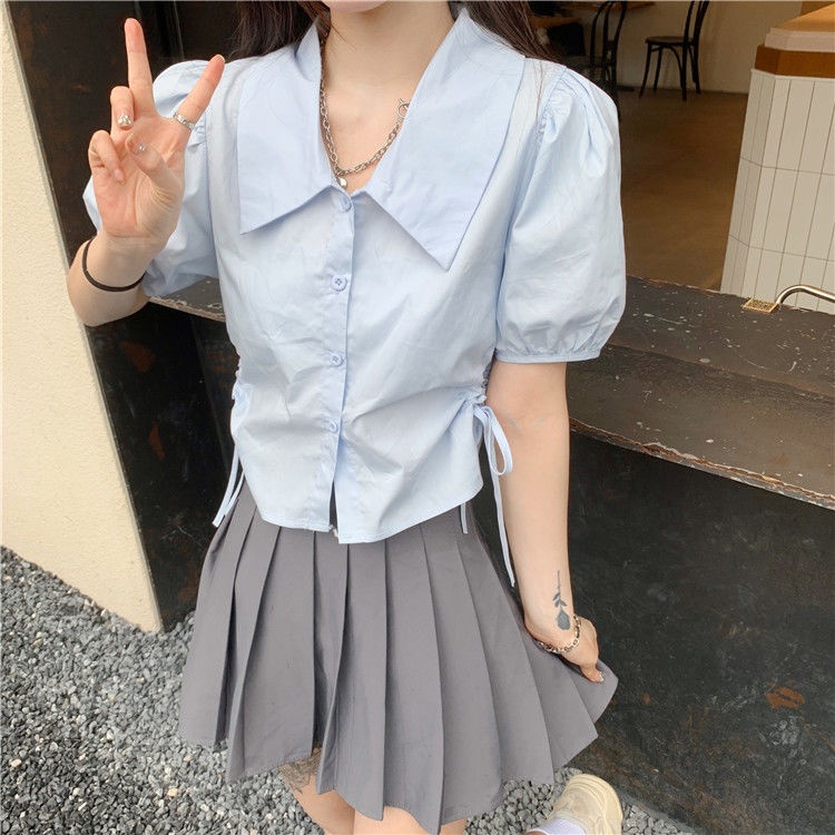 Jiashucheng Áo Sơ Mi Tay Phồng Ngắn Phối Dây Rút Thời Trang Mùa Hè Cho Nữ