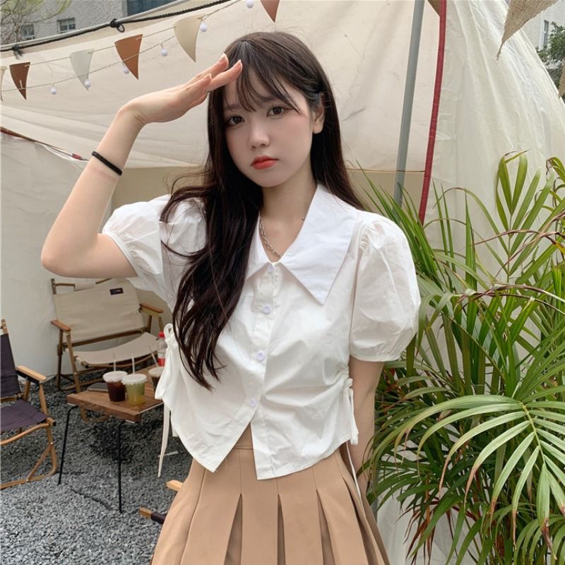 Jiashucheng Áo Sơ Mi Tay Phồng Ngắn Phối Dây Rút Thời Trang Mùa Hè Cho Nữ