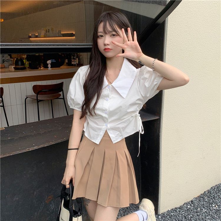 Jiashucheng Áo Sơ Mi Tay Phồng Ngắn Phối Dây Rút Thời Trang Mùa Hè Cho Nữ