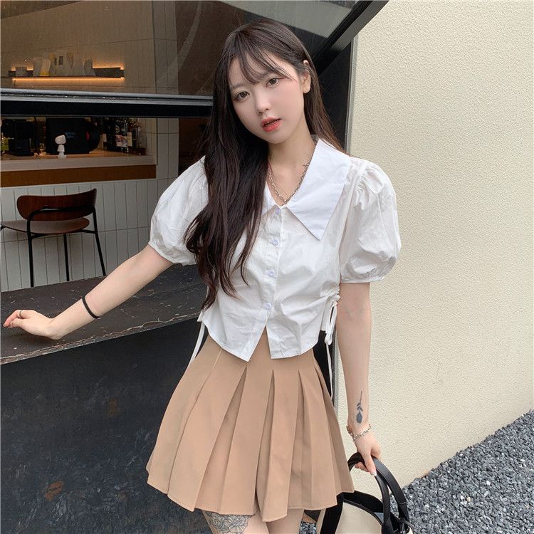 Jiashucheng Áo Sơ Mi Tay Phồng Ngắn Phối Dây Rút Thời Trang Mùa Hè Cho Nữ