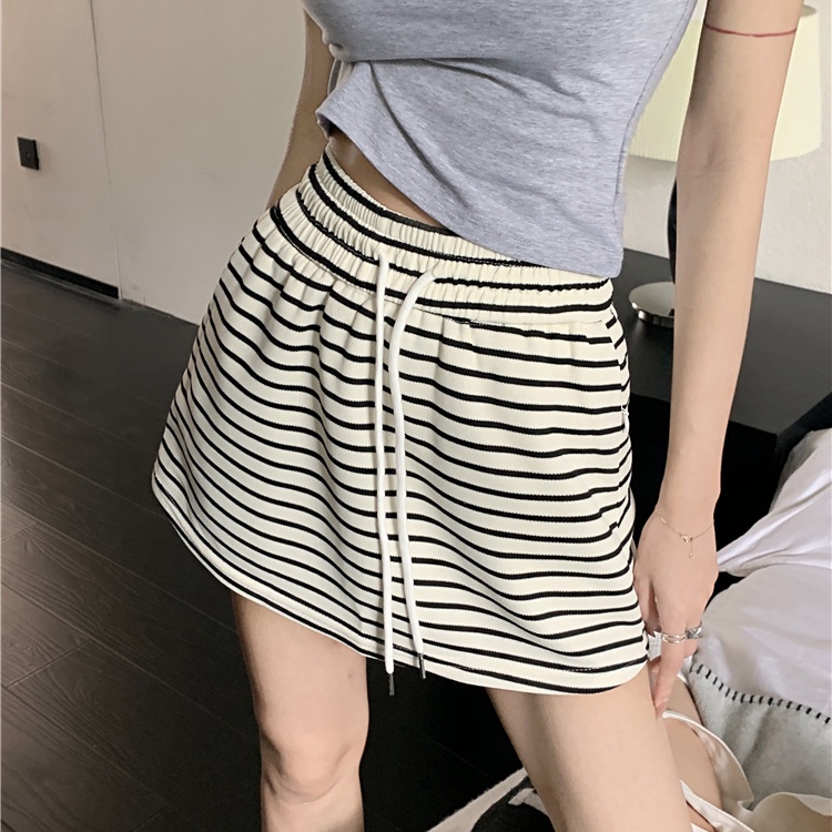 Jiashucheng Niche Chân Váy Ngắn Dáng Chữ A Eo Cao Co Giãn Phối Dây Rút Kẻ Sọc Đơn Giản Phong Cách Retro Mùa Hè Mới Dành Cho Bạn Nữ