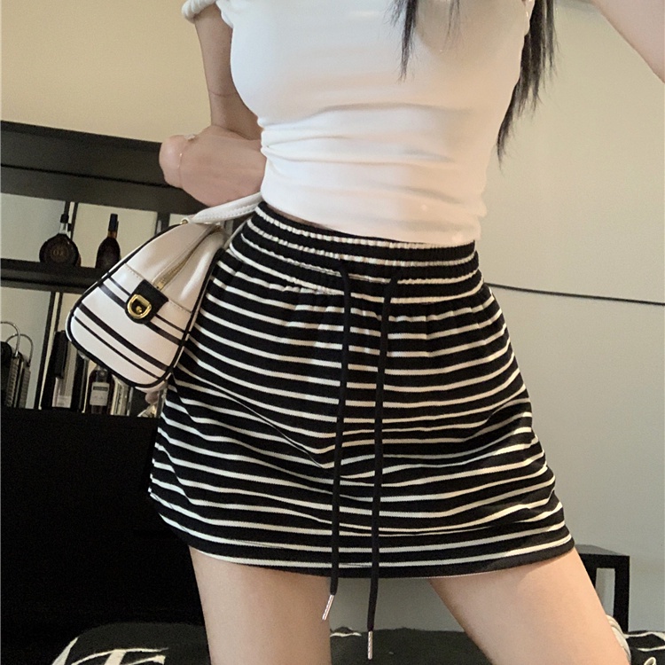 Jiashucheng Niche Chân Váy Ngắn Dáng Chữ A Eo Cao Co Giãn Phối Dây Rút Kẻ Sọc Đơn Giản Phong Cách Retro Mùa Hè Mới Dành Cho Bạn Nữ