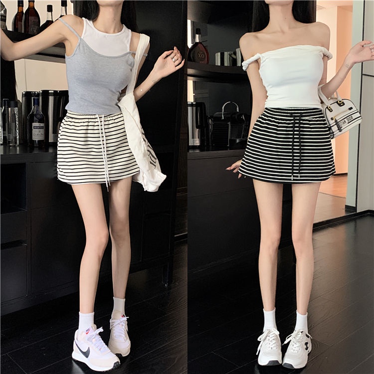 Jiashucheng Niche Chân Váy Ngắn Dáng Chữ A Eo Cao Co Giãn Phối Dây Rút Kẻ Sọc Đơn Giản Phong Cách Retro Mùa Hè Mới Dành Cho Bạn Nữ