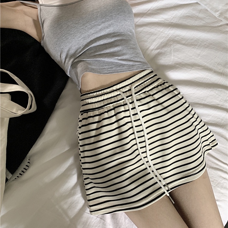 Jiashucheng Niche Chân Váy Ngắn Dáng Chữ A Eo Cao Co Giãn Phối Dây Rút Kẻ Sọc Đơn Giản Phong Cách Retro Mùa Hè Mới Dành Cho Bạn Nữ