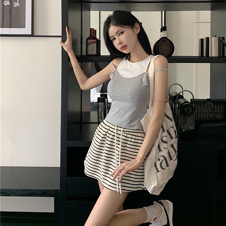Jiashucheng Niche Chân Váy Ngắn Dáng Chữ A Eo Cao Co Giãn Phối Dây Rút Kẻ Sọc Đơn Giản Phong Cách Retro Mùa Hè Mới Dành Cho Bạn Nữ