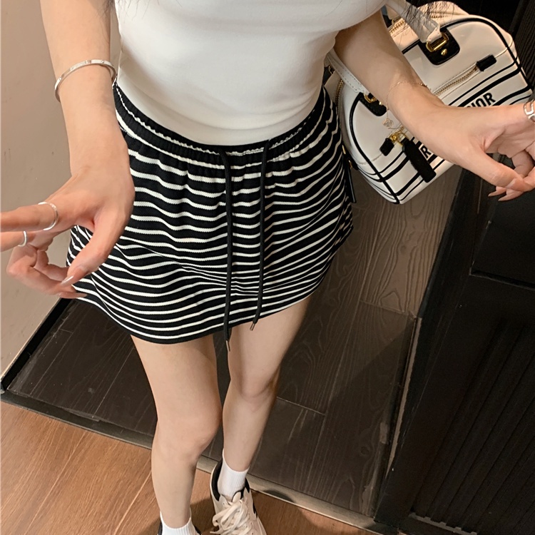 Jiashucheng Niche Chân Váy Ngắn Dáng Chữ A Eo Cao Co Giãn Phối Dây Rút Kẻ Sọc Đơn Giản Phong Cách Retro Mùa Hè Mới Dành Cho Bạn Nữ