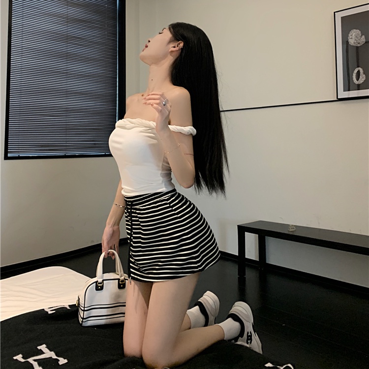 Jiashucheng Niche Chân Váy Ngắn Dáng Chữ A Eo Cao Co Giãn Phối Dây Rút Kẻ Sọc Đơn Giản Phong Cách Retro Mùa Hè Mới Dành Cho Bạn Nữ