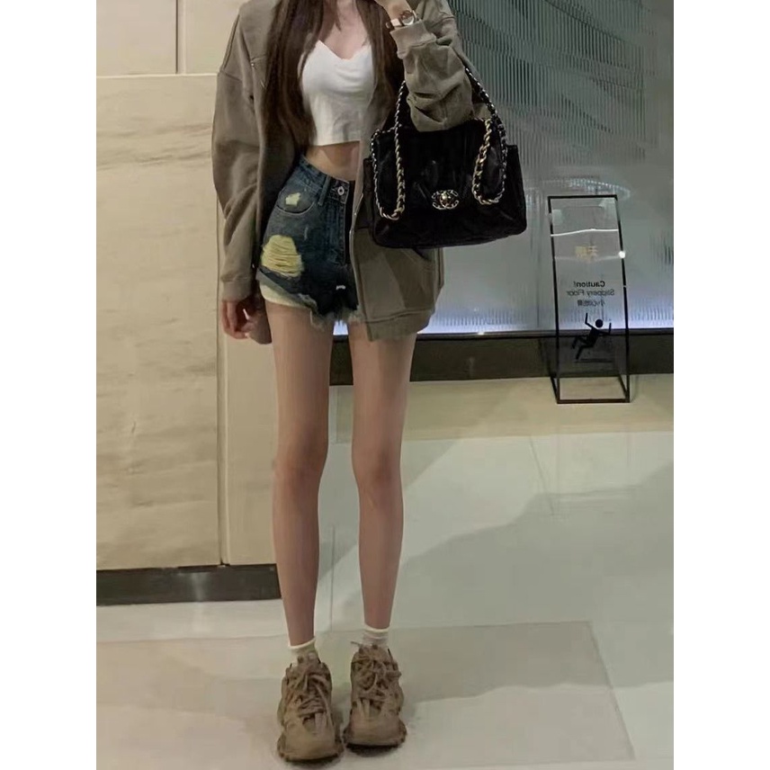 Jiashucheng Quần Short Denim Lưng Thấp Ôm Dáng Màu Trơn Phong Cách Desire Mỹ Mùa Hè Cho Nữ