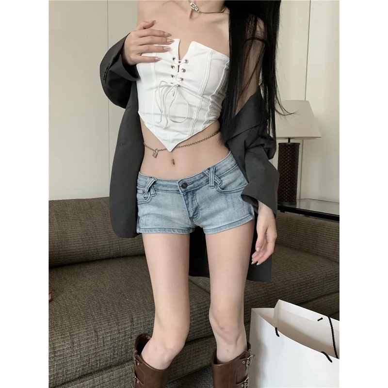 Jiashucheng Quần Short Denim Lưng Thấp Ôm Dáng Màu Trơn Phong Cách Desire Mỹ Mùa Hè Cho Nữ