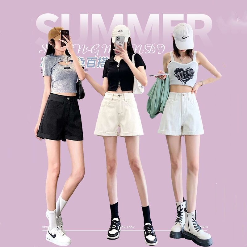 Jiashucheng Quần Short Denim Chữ a Lưng Cao Ống Rộng Màu Trắng Phong Cách Mới Mùa Hè Cho Nữ