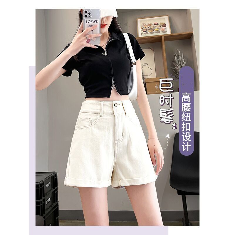 Jiashucheng Quần Short Denim Chữ a Lưng Cao Ống Rộng Màu Trắng Phong Cách Mới Mùa Hè Cho Nữ