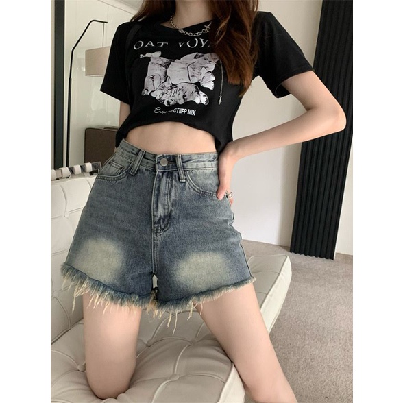 Jiashucheng Quần Short Jean Sờn Dáng Rộng Phong Cách Mỹ Cổ Điển Thời Trang Mùa Xuân Hàng Mới Dành Cho Bạn Nữ