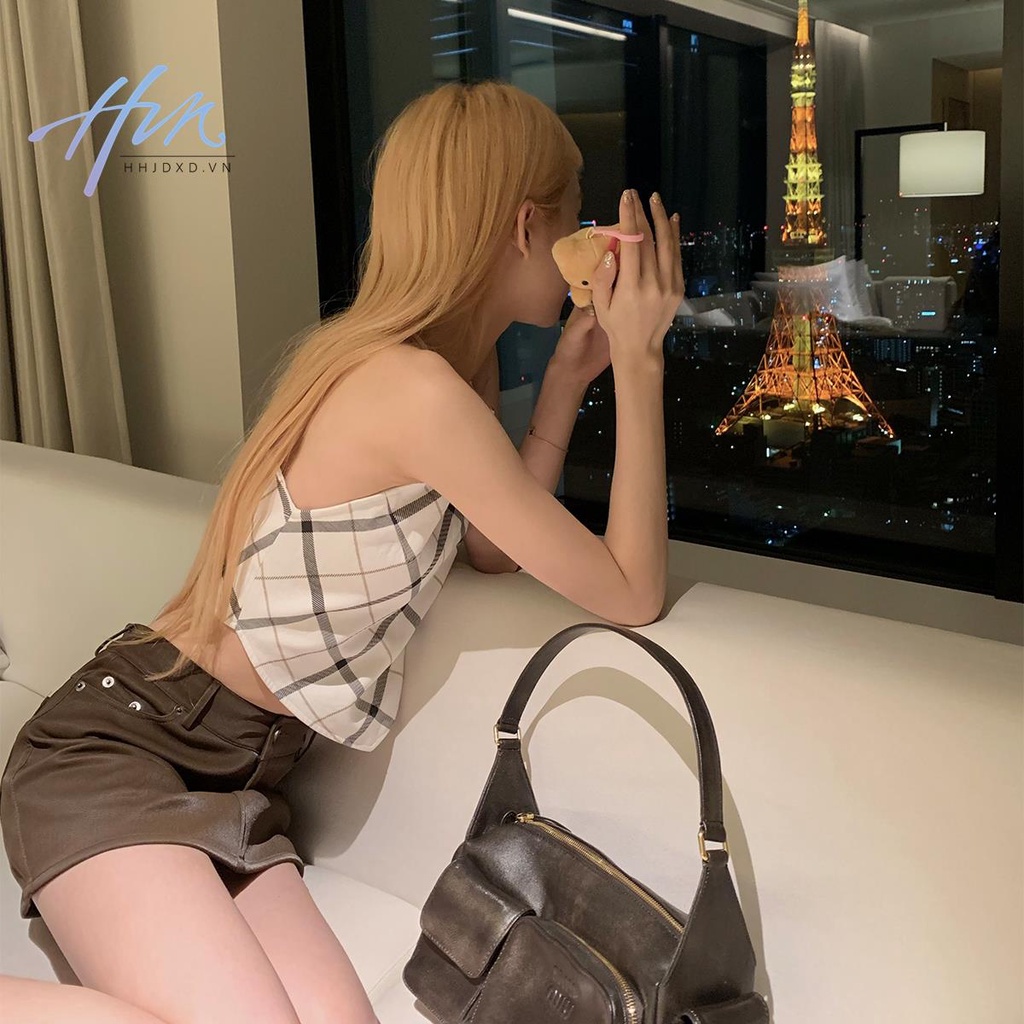 Áo Hai Dây Thêu Họa Tiết Sọc Ca Rô Thời Trang Cá Tính Cho Nữ