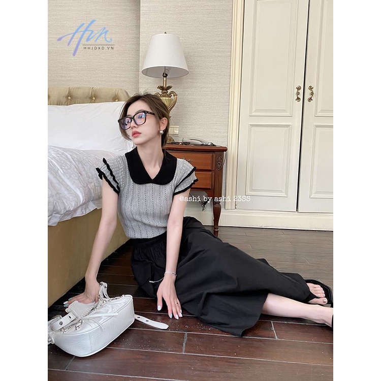 Áo Thun Dệt Kim Dáng Ôm Viền Gợn Sóng Họa Tiết Kẻ Sọc Phong Cách Pháp Thời Trang Cho Nữ