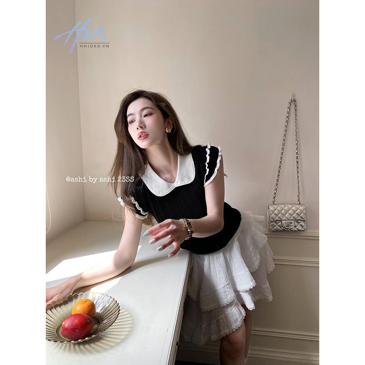 Áo Thun Dệt Kim Dáng Ôm Viền Gợn Sóng Họa Tiết Kẻ Sọc Phong Cách Pháp Thời Trang Cho Nữ