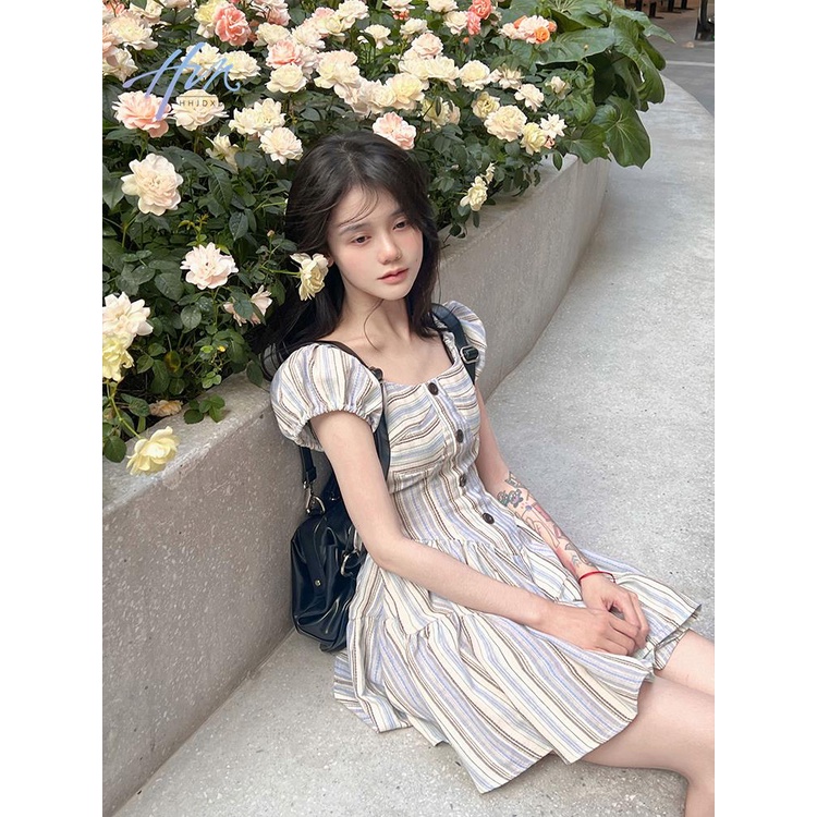 Đầm Tay Phồng Họa Tiết Kẻ Sọc Phong Cách Pháp Thời Trang Quyến Rũ Cho Nữ