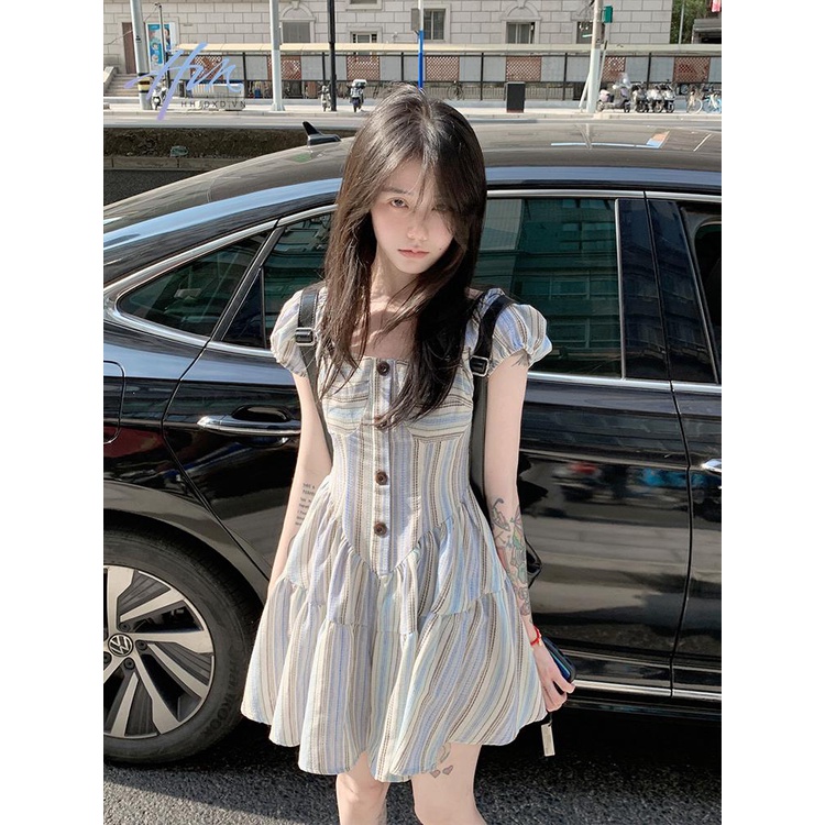 Đầm Tay Phồng Họa Tiết Kẻ Sọc Phong Cách Pháp Thời Trang Quyến Rũ Cho Nữ