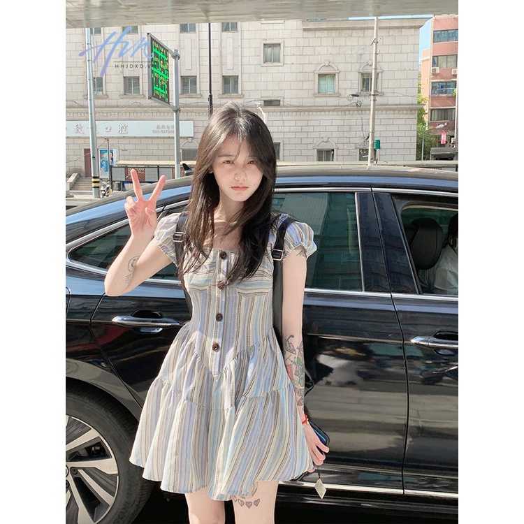 Đầm Tay Phồng Họa Tiết Kẻ Sọc Phong Cách Pháp Thời Trang Quyến Rũ Cho Nữ