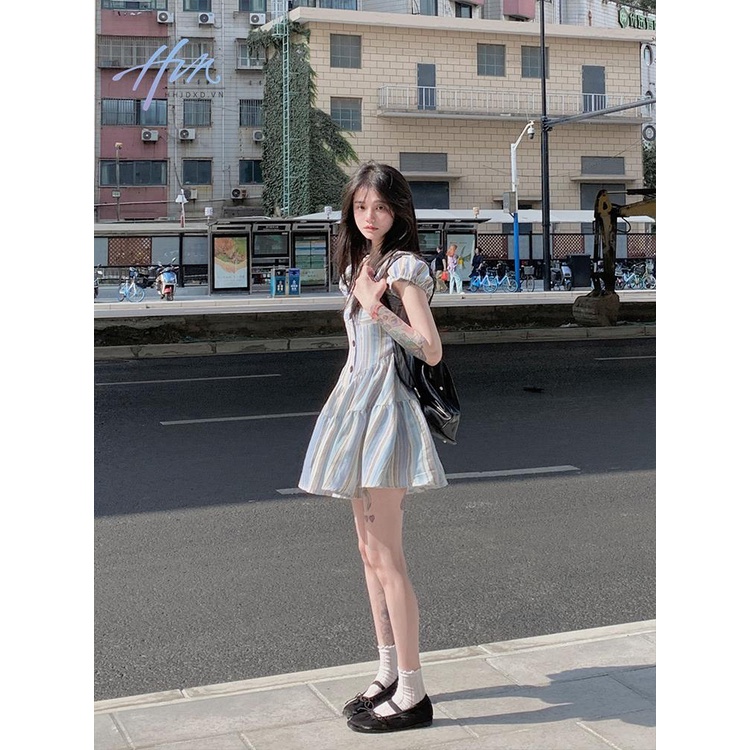 Đầm Tay Phồng Họa Tiết Kẻ Sọc Phong Cách Pháp Thời Trang Quyến Rũ Cho Nữ