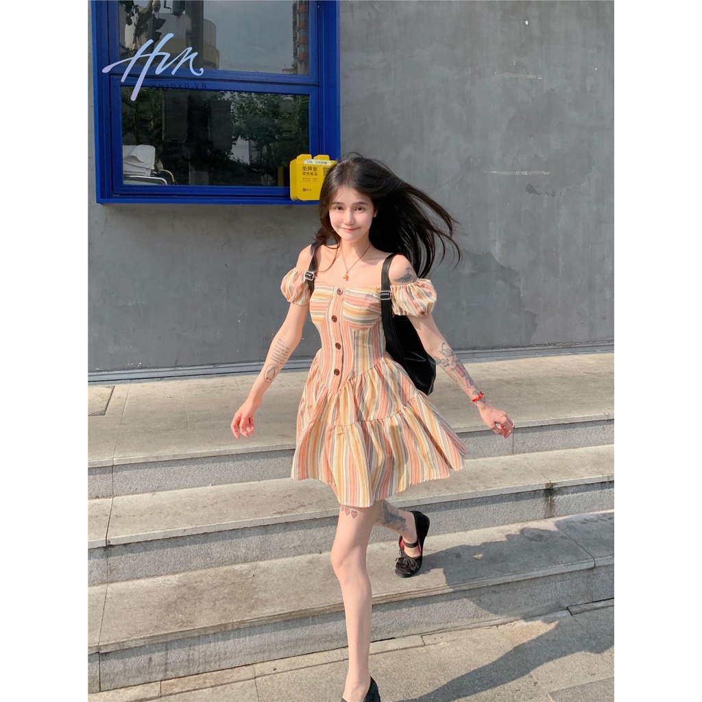 Đầm Tay Phồng Họa Tiết Kẻ Sọc Phong Cách Pháp Thời Trang Quyến Rũ Cho Nữ