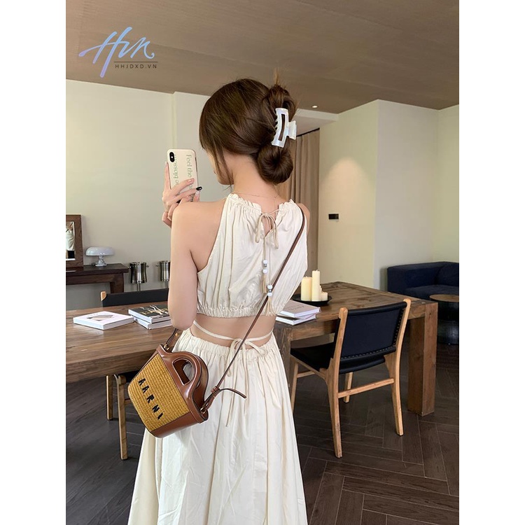 Đầm Hai Dây Dáng Dài Ôm Eo Phối Dây Cột Khoét Lỗ Rỗng Phong Cách Kỳ Nghỉ Cho Nữ