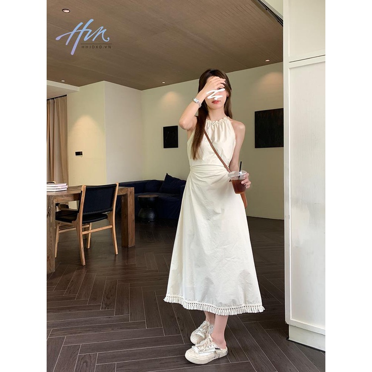 Đầm Hai Dây Dáng Dài Ôm Eo Phối Dây Cột Khoét Lỗ Rỗng Phong Cách Kỳ Nghỉ Cho Nữ