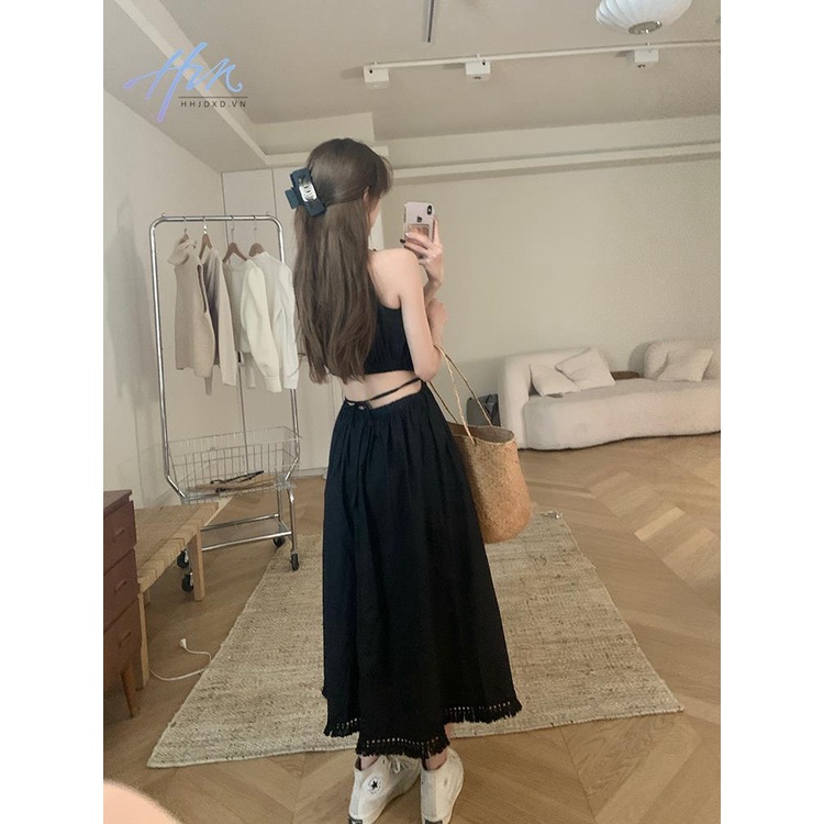 Đầm Hai Dây Dáng Dài Ôm Eo Phối Dây Cột Khoét Lỗ Rỗng Phong Cách Kỳ Nghỉ Cho Nữ