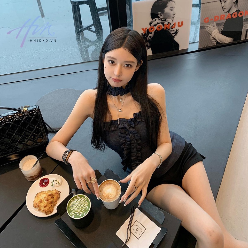 P Áo Ống Cổ Yếm Ôm Dáng Vừa Vặn Họa Tiết Kẻ Sọc Phong Cách Hàn Quốc Quyến Rũ Cho Nữ