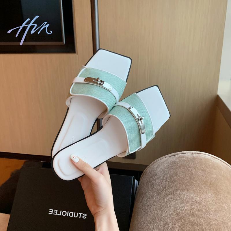 Dép Lười Đế Bằng Mũi Vuông Màu Sắc Tương Phản Thời Trang Mùa Hè 2023 Cho Nữ