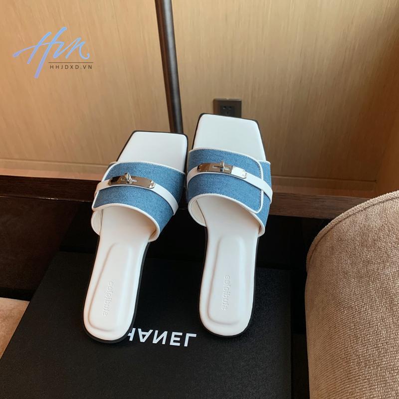 Dép Lười Đế Bằng Mũi Vuông Màu Sắc Tương Phản Thời Trang Mùa Hè 2023 Cho Nữ