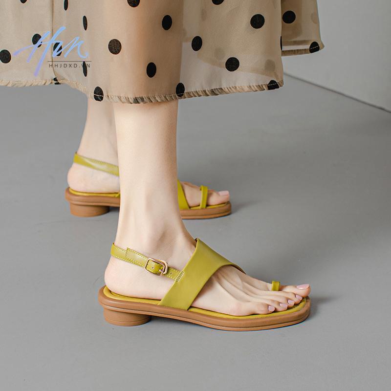 Giày Sandal Da Thật Đế Thấp Thời Trang Mùa Hè Hàn Quốc Cho Nữ