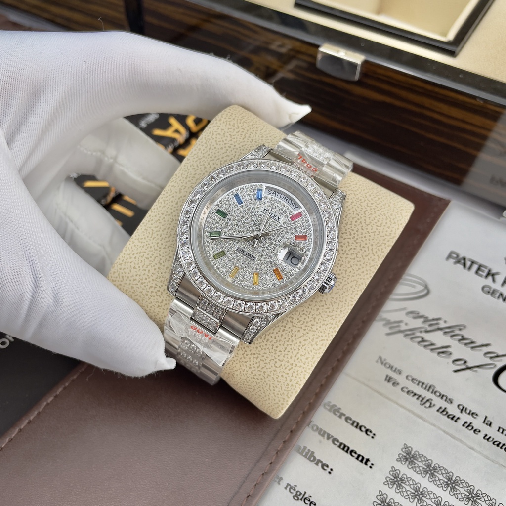 Đồng hồ Nam Rolexs day date mặt mặt đá vành đá số đá dây dọc đá vỏ trắng máy nhật dòng cơ Automatic 41mm