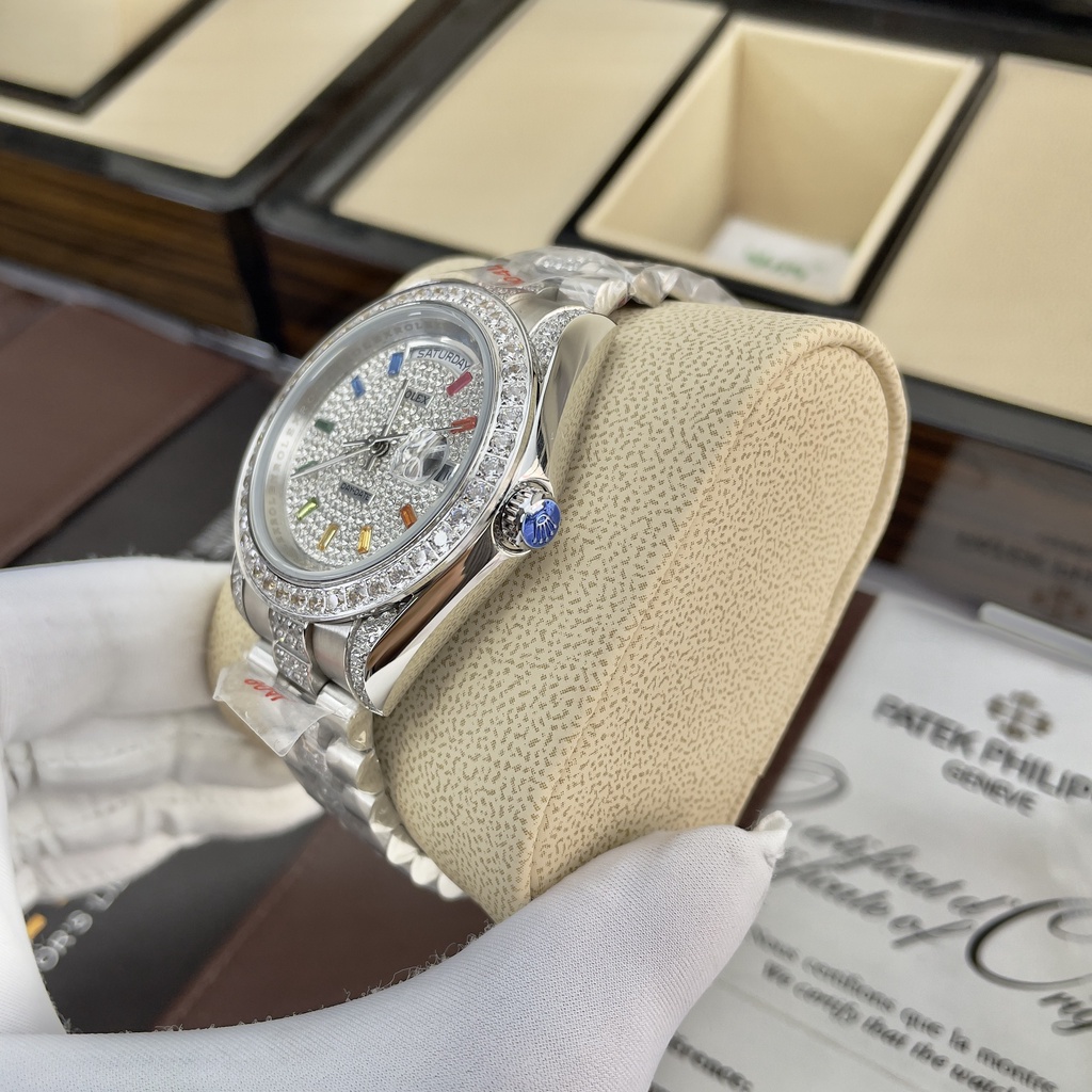 Đồng hồ Nam Rolexs day date mặt mặt đá vành đá số đá dây dọc đá vỏ trắng máy nhật dòng cơ Automatic 41mm