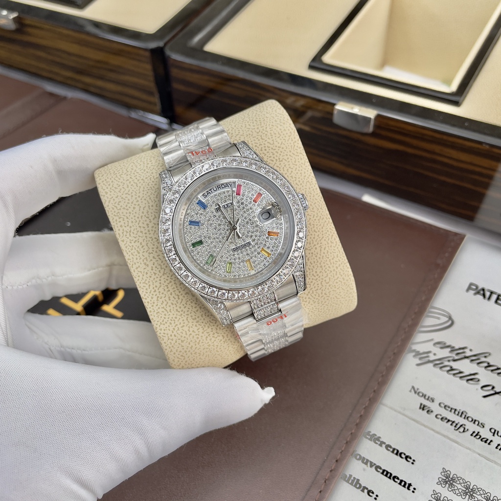 Đồng hồ Nam Rolexs day date mặt mặt đá vành đá số đá dây dọc đá vỏ trắng máy nhật dòng cơ Automatic 41mm