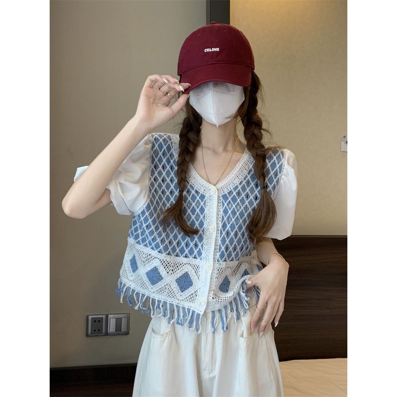 Jiashucheng Crocheng Áo Khoác Cardigan Ngắn Dáng Rộng Tay Phồng Phối Tua Rua Rỗng Phong Cách Dân Tộc Mùa Hè Mới Cho Nữ