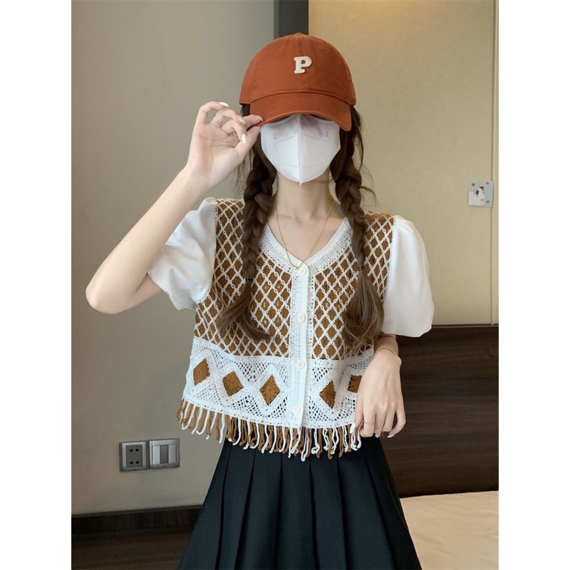 Jiashucheng Crocheng Áo Khoác Cardigan Ngắn Dáng Rộng Tay Phồng Phối Tua Rua Rỗng Phong Cách Dân Tộc Mùa Hè Mới Cho Nữ