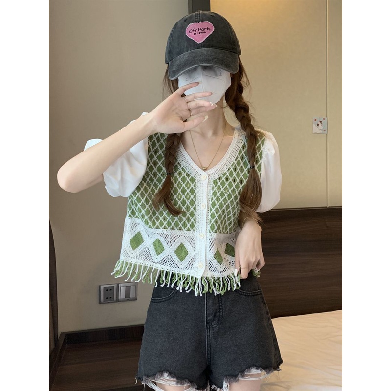 Jiashucheng Crocheng Áo Khoác Cardigan Ngắn Dáng Rộng Tay Phồng Phối Tua Rua Rỗng Phong Cách Dân Tộc Mùa Hè Mới Cho Nữ