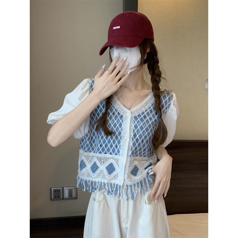 Jiashucheng Crocheng Áo Khoác Cardigan Ngắn Dáng Rộng Tay Phồng Phối Tua Rua Rỗng Phong Cách Dân Tộc Mùa Hè Mới Cho Nữ