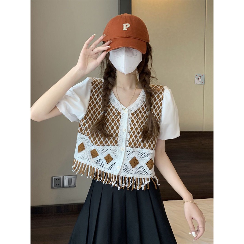 Jiashucheng Crocheng Áo Khoác Cardigan Ngắn Dáng Rộng Tay Phồng Phối Tua Rua Rỗng Phong Cách Dân Tộc Mùa Hè Mới Cho Nữ