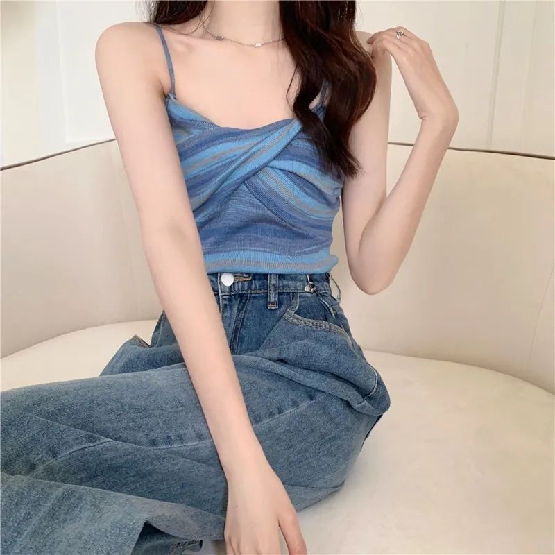 Áo Dệt Kim Hai Dây Dáng Ôm Họa Tiết Kẻ Sọc Thời Trang Mùa Hè Hàng Mới Dành Cho Bạn Nữ