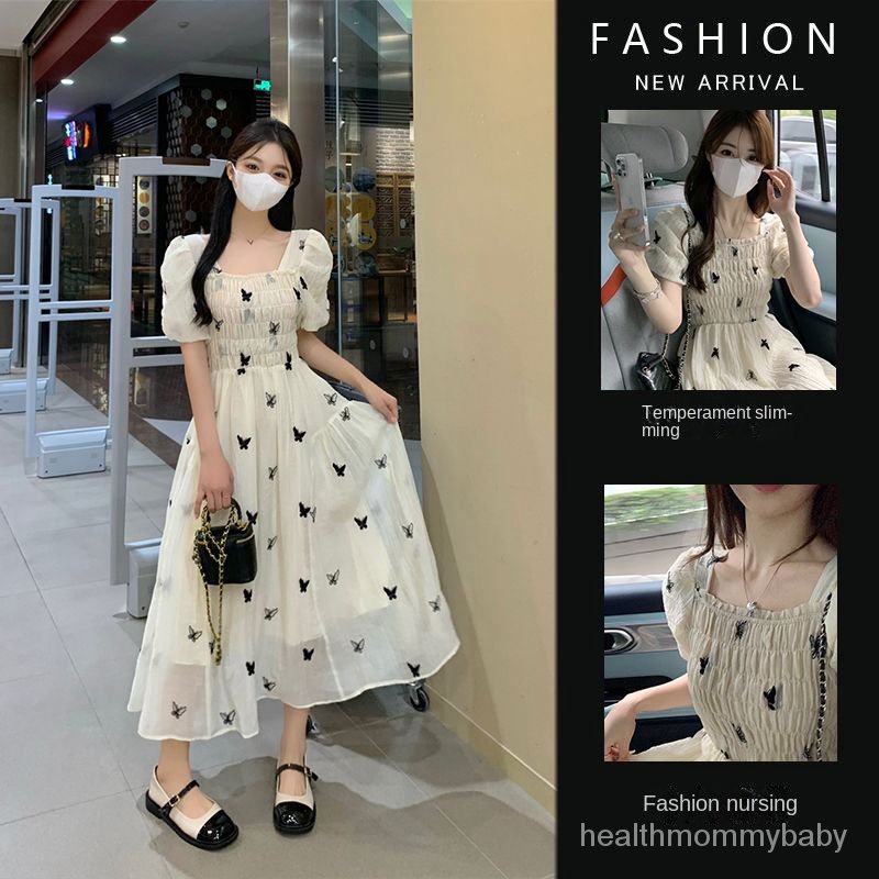 Váy Liền Cho Con Bú Kiểu Pháp Dáng Hình Quả Lê Đi Chơi Áo Tay Phồng Cổ Vuông Hoa Nhí Cho Con Bú Dài