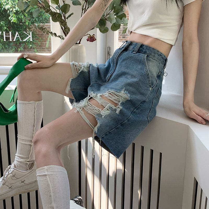 Jiashucheng Quần Denim Lửng Lưng Cao Ống Rộng Cỡ Lớn Phong Cách Mới Mùa Hè Cho Nữ
