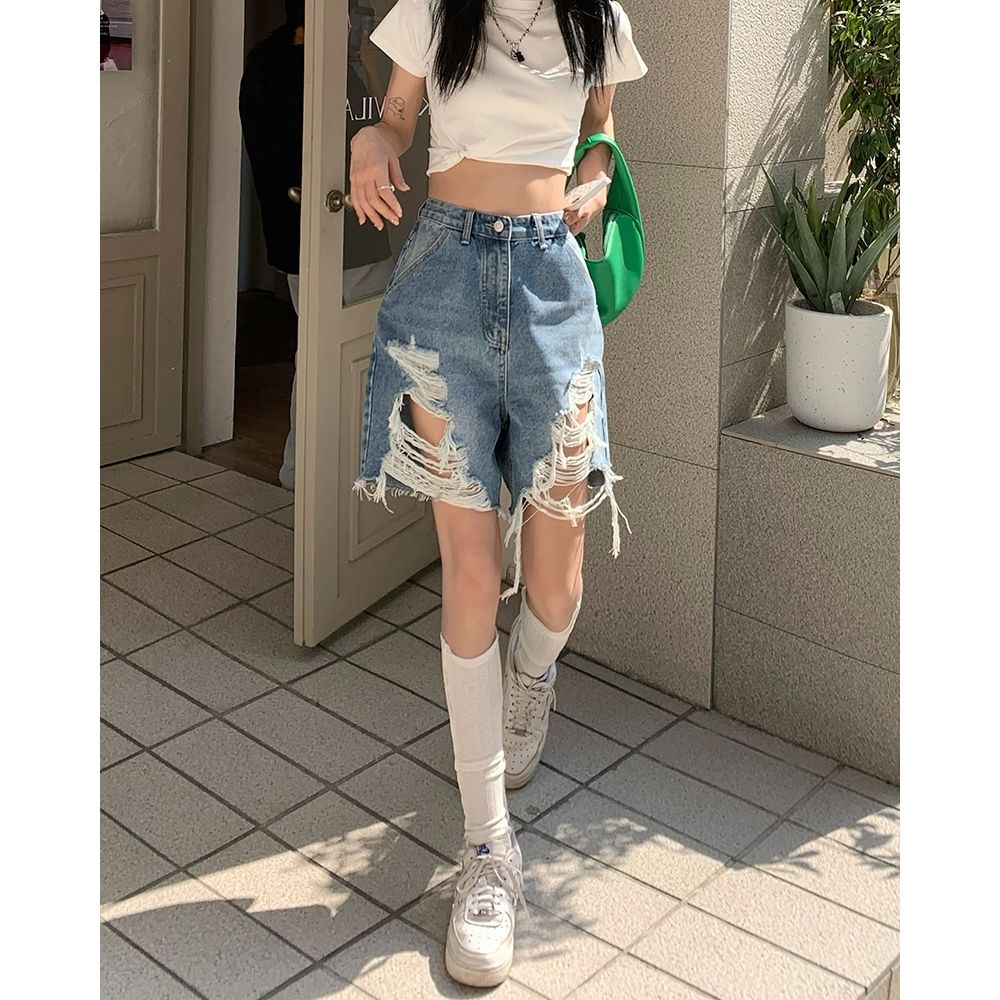 Jiashucheng Quần Denim Lửng Lưng Cao Ống Rộng Cỡ Lớn Phong Cách Mới Mùa Hè Cho Nữ