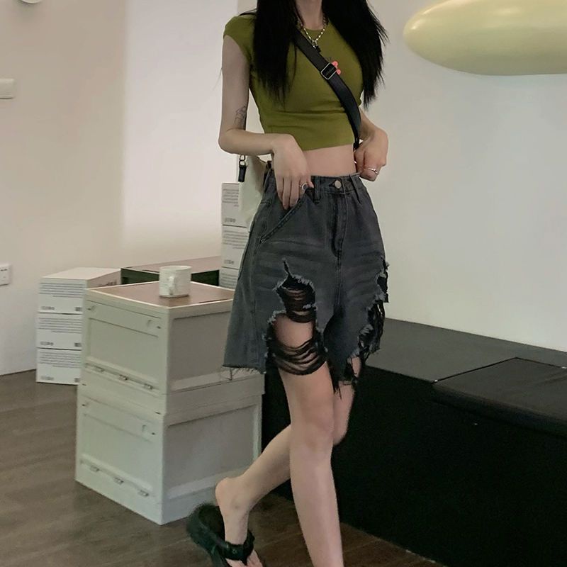 Jiashucheng Quần Denim Lửng Lưng Cao Ống Rộng Cỡ Lớn Phong Cách Mới Mùa Hè Cho Nữ