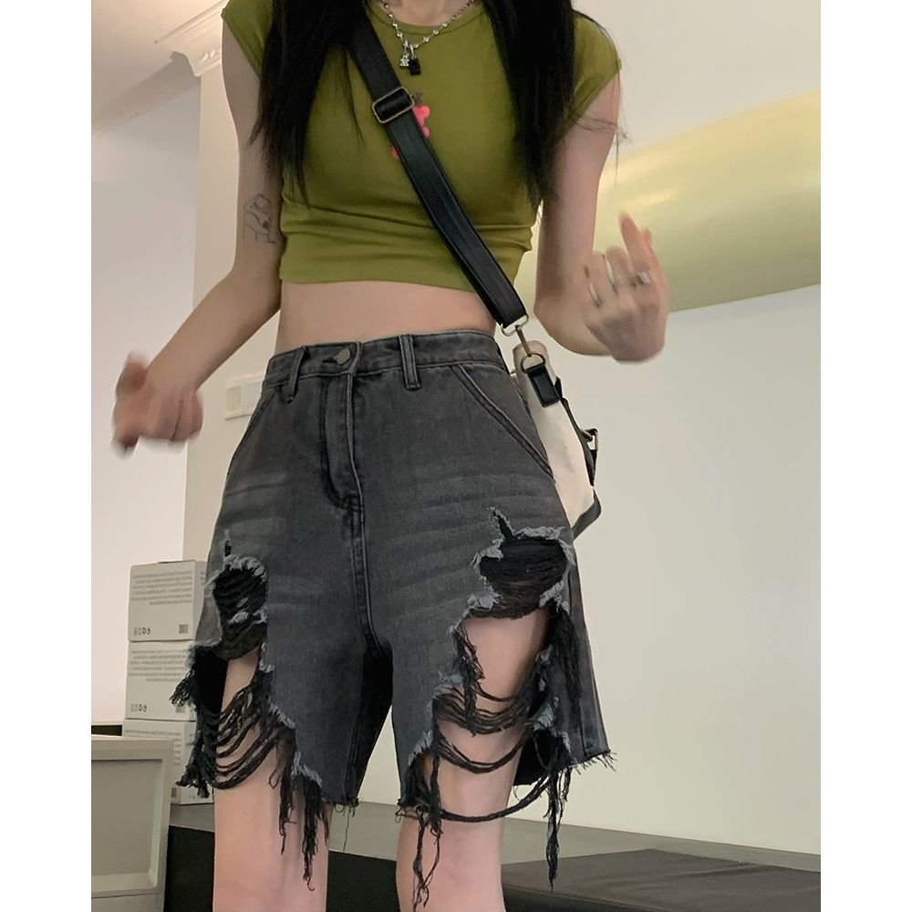 Jiashucheng Quần Denim Lửng Lưng Cao Ống Rộng Cỡ Lớn Phong Cách Mới Mùa Hè Cho Nữ