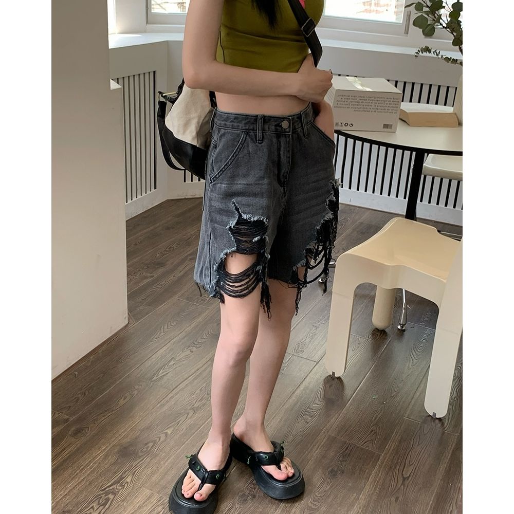 Jiashucheng Quần Denim Lửng Lưng Cao Ống Rộng Cỡ Lớn Phong Cách Mới Mùa Hè Cho Nữ